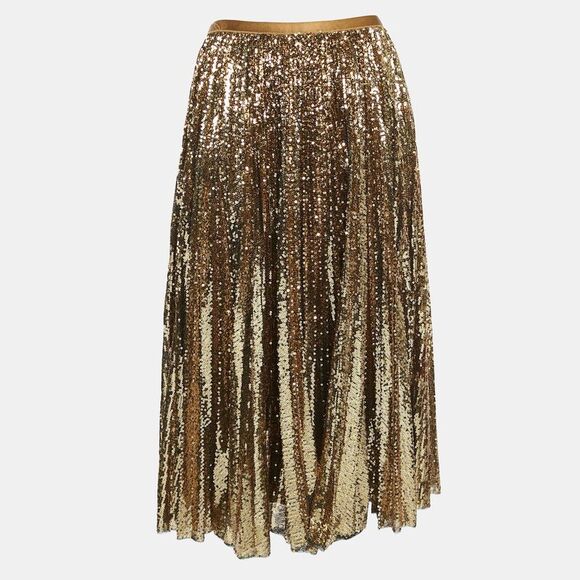 Polo Ralph Lauren Gold Sequin Plisse Midi Skirt Xl - Picture 2 of 6
